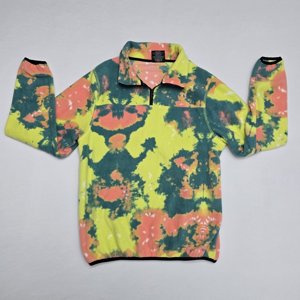 Neon Riot Womens Tie Dye Fleece Quarter Zip Pullover Green Coral Teal Large
